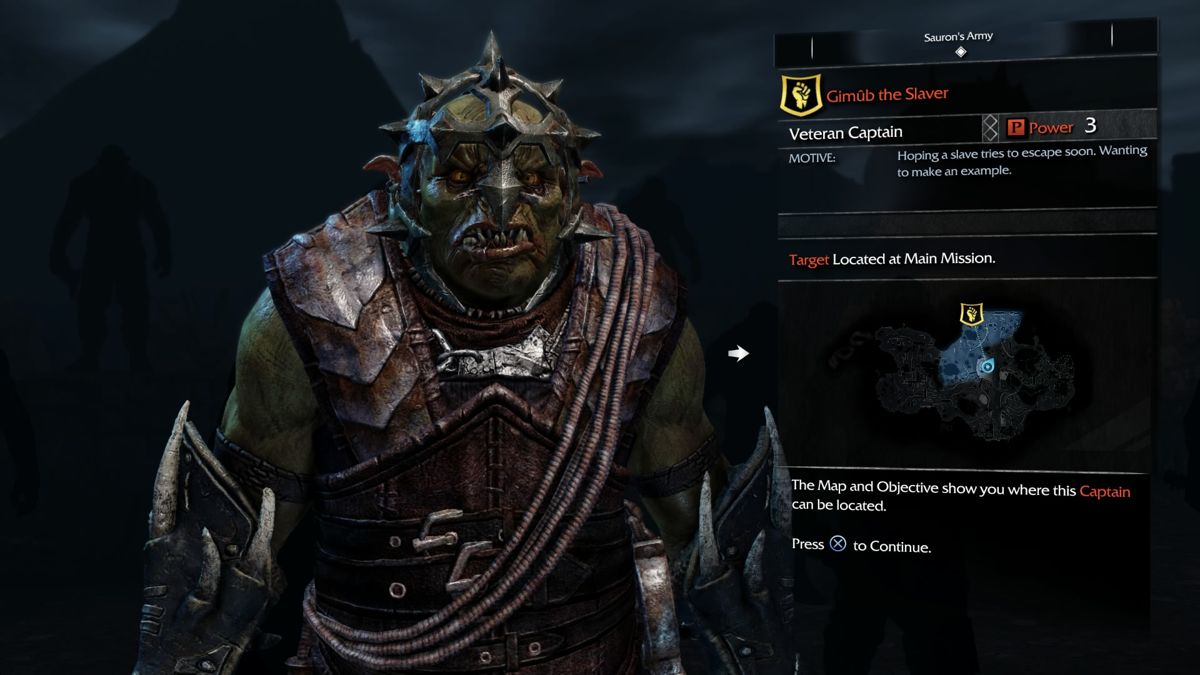 Middle-earth: Shadow of Mordor (PlayStation 4) screenshot: Gaining intel on one of the enemy captains