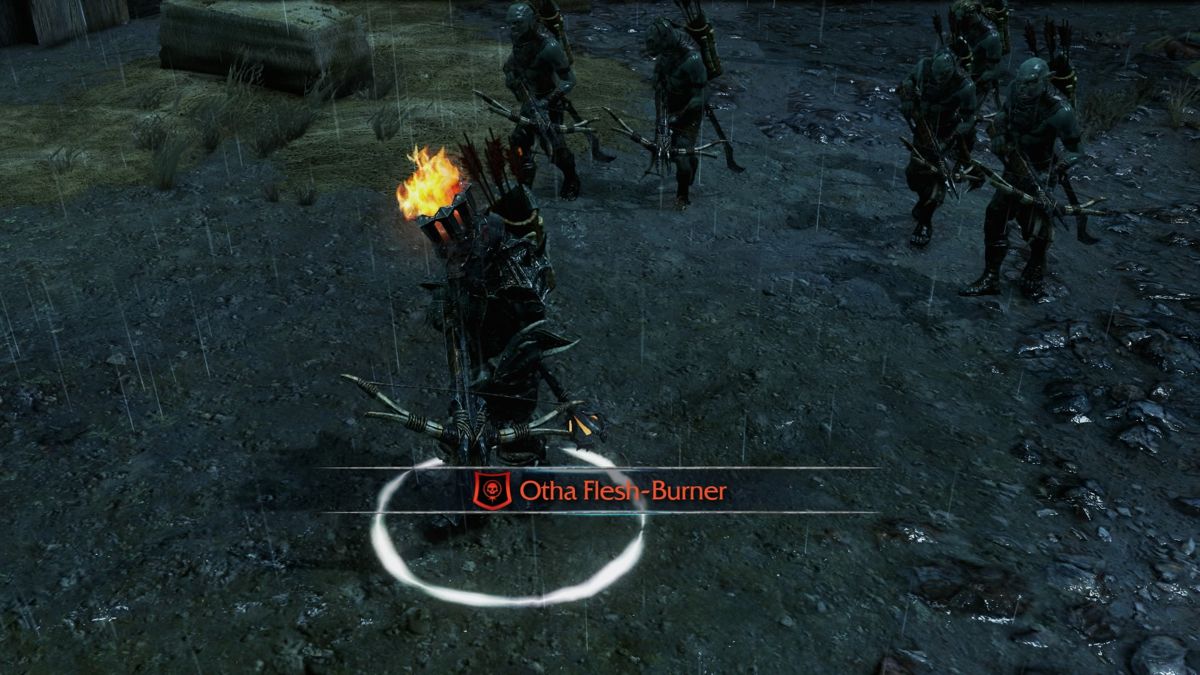 Middle-earth: Shadow of Mordor - Flesh Burners Warband (PlayStation 4) screenshot: Otha, the captain of Flesh-Burner warband, and his acolytes