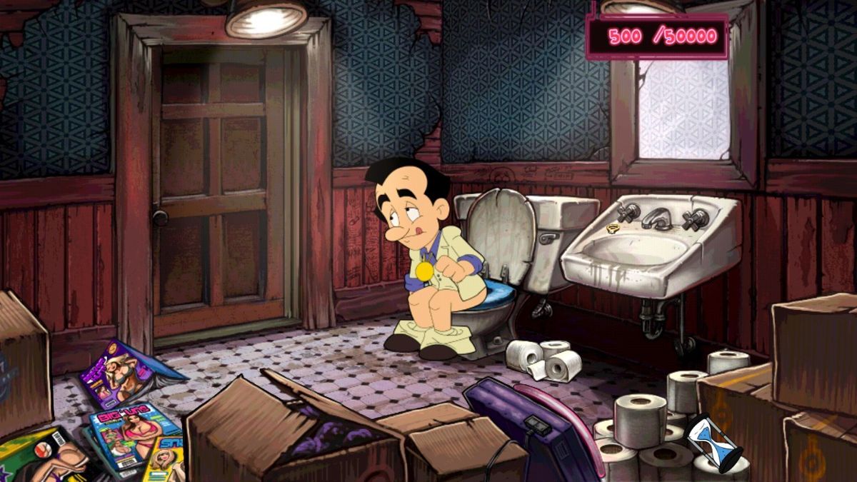 Leisure Suit Larry: Reloaded (Android) screenshot: Resting on the toilet