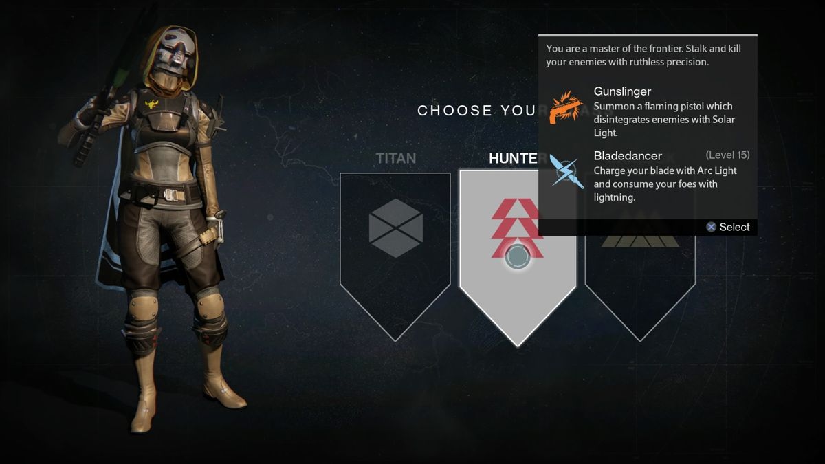 Destiny (PlayStation 4) screenshot: Character class selection, Hunter