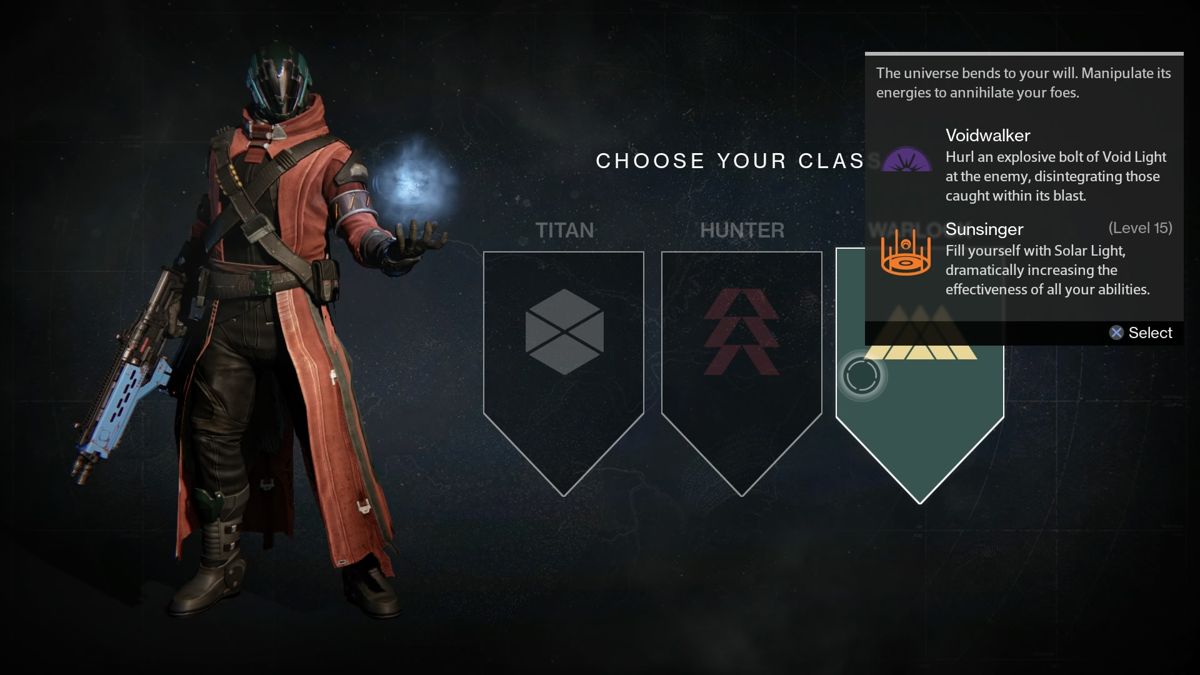 Destiny (PlayStation 4) screenshot: Character class selection, Warlock