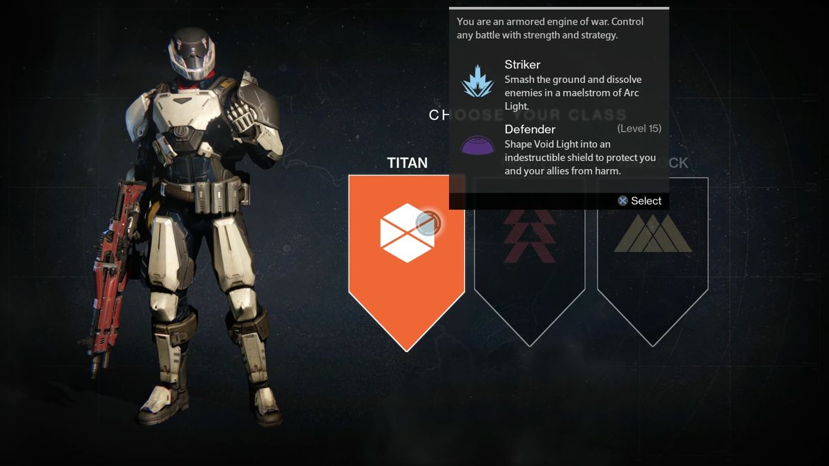 Destiny (PlayStation 4) screenshot: Character class selection, Titan