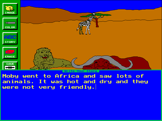 Bert's African Animals (DOS) screenshot: The STORY button allows the player to caption their picture