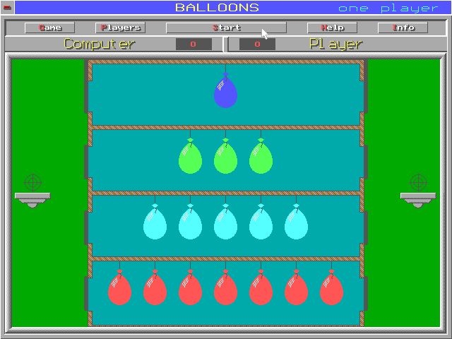 Balloons (DOS) screenshot: The start of the game, level one. Gameplay is fairly obvious, the player's take turns shooting balloons