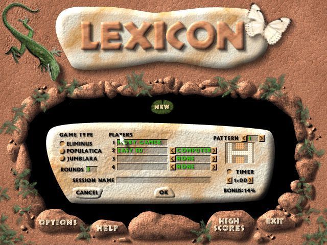 Lexicon Word Challenge (Windows) screenshot: Starting a game. Here the type of game, the skill level of the computer opponent, the starting grid pattern can all be changed