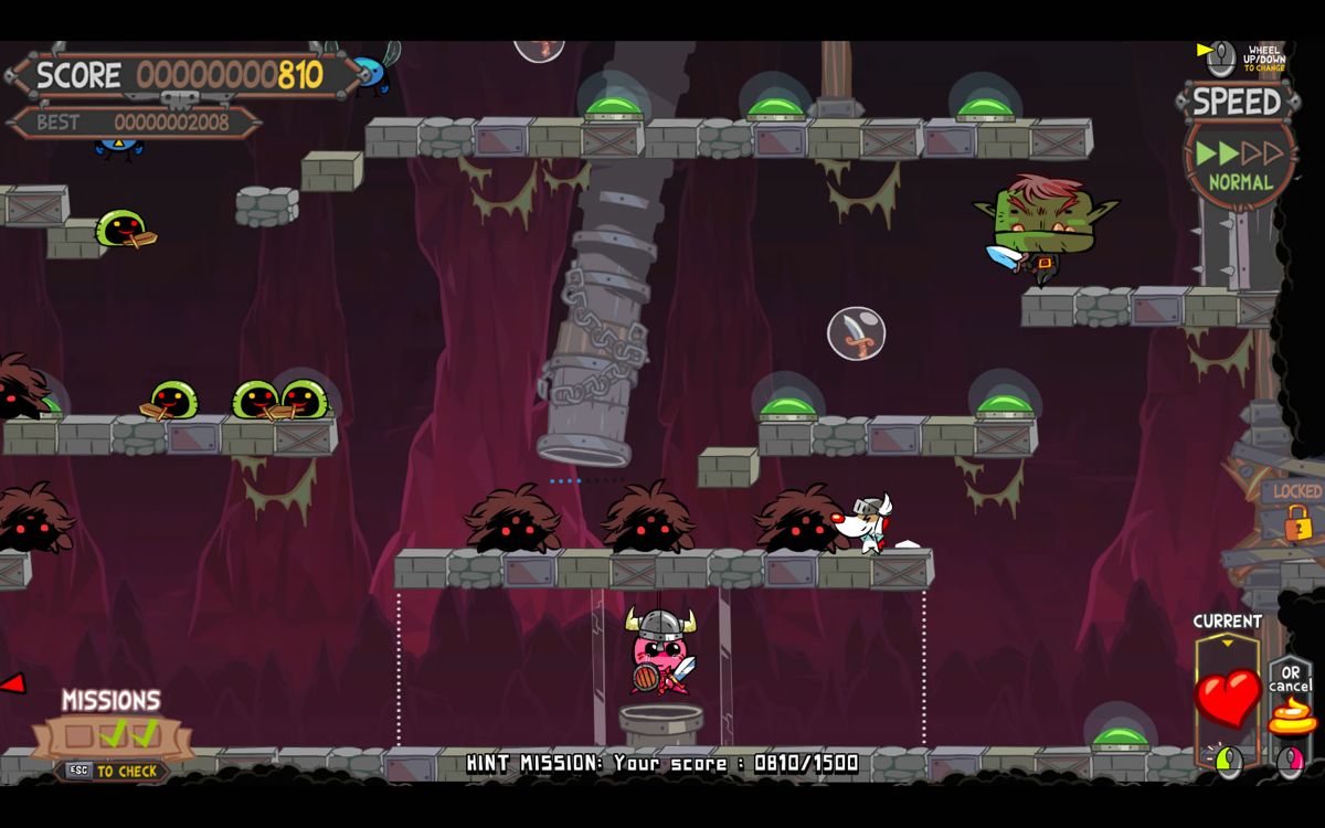 Poöf vs The Cursed Kitty (Windows) screenshot: There is a sword power-up on the platform above.
