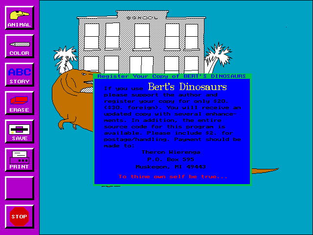 Bert's Dinosaurs (DOS) screenshot: The game is shareware so, on exit, there's a reminder to pay up
