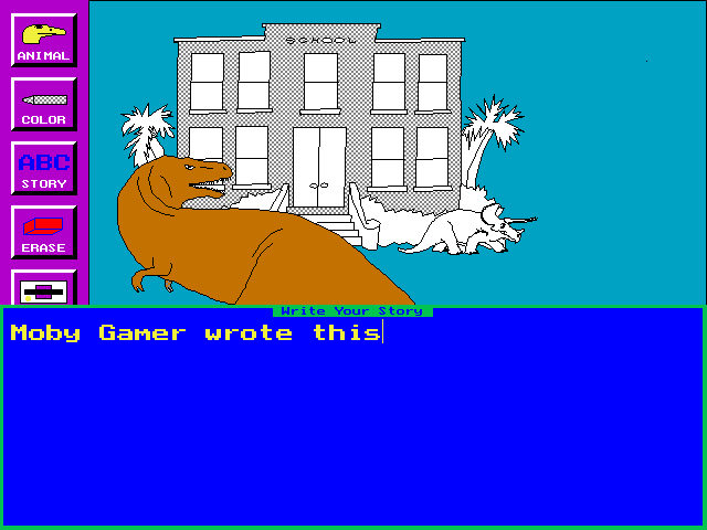 Bert's Dinosaurs (DOS) screenshot: The Story button lets the artist add comments which will appear on the printed picture