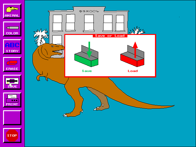 Bert's Dinosaurs (DOS) screenshot: There is a Save/Load function with nice clear icons