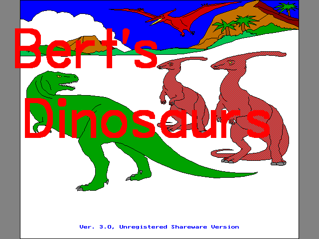 Bert's Dinosaurs (DOS) screenshot: The game's title screen. Version 3.0