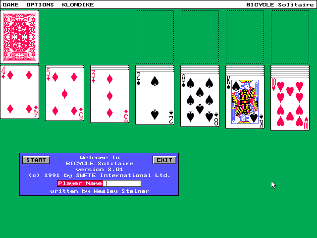 Bicycle Solitaire (DOS) screenshot: The game has no title screen. It starts by loading the game Solitaire and prompting for a player name Names can be just eight characters long