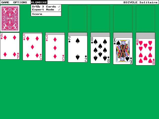 Bicycle Solitaire (DOS) screenshot: Some games, Klondike being one, have configuration options that can be accessed via the menu bar