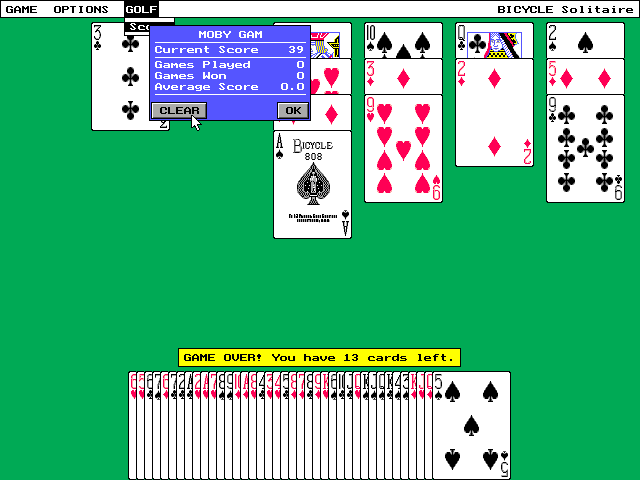 Bicycle Solitaire (DOS) screenshot: The end of a game of Golf The player's score is not displayed automatically, it is accessed manually from the menu bar