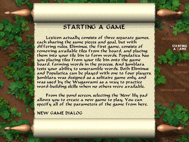 Lexicon Word Challenge (Windows) screenshot: The game's help file is accessed via the main menu. It's in the form of a scroll. Clicking on the top/bottom rolls of the scroll changes the 'page' Alternatively there are shortcuts on the right
