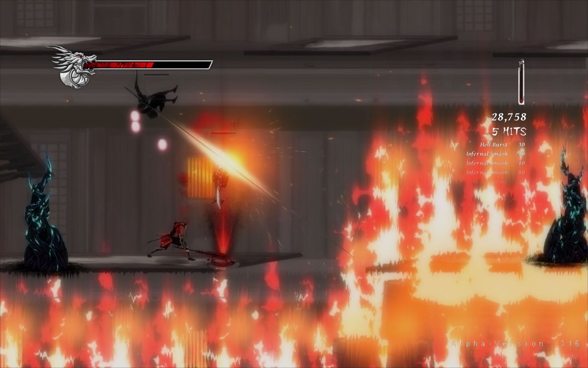Onikira: Demon Killer (Windows) screenshot: Quickly move on before the fire catches up with you. (Alpha Version 316)