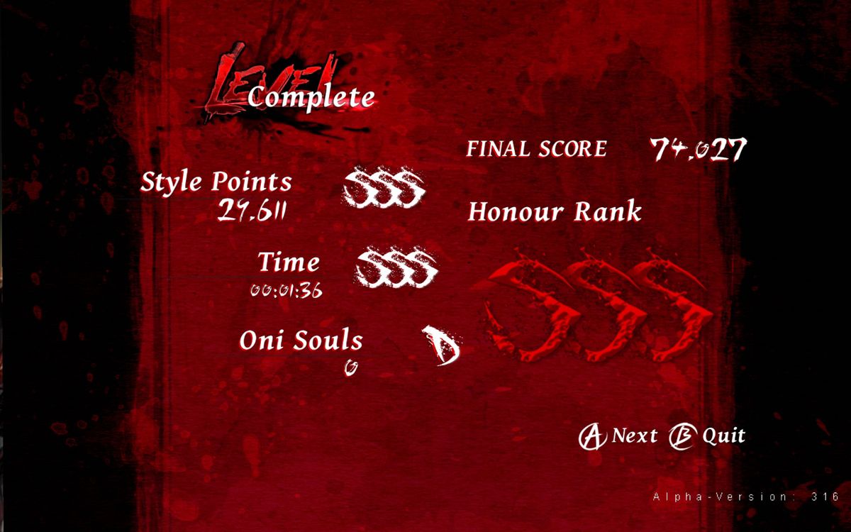 Onikira: Demon Killer (Windows) screenshot: First level complete (Alpha Version 316)