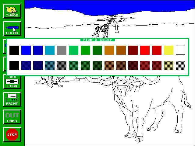 Bert's African Animals (DOS) screenshot: To colour the picture the player clicks on the COLOUR button, then clicks on a colour from the palette. All subsequent clicks on the picture will apply the chosen colour to the targeted segment
