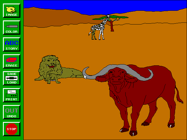 Bert's African Animals (DOS) screenshot: Some of the picture segments, such as between the buffalo's toes, the eyes, the distant tree branches etc are very, small and hard to select