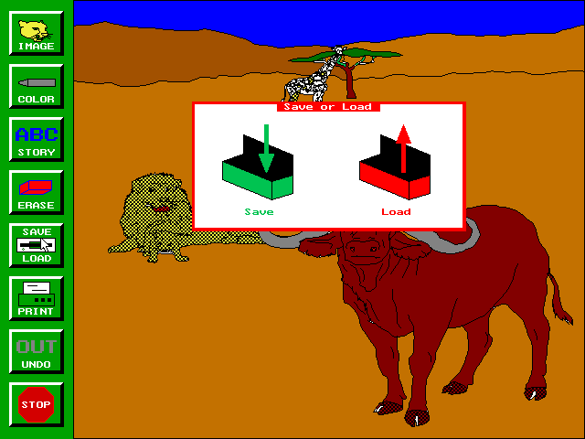 Bert's African Animals (DOS) screenshot: Options such as SAVE/LOAD, and QUIT YES/NO have clear icons to help the younger player