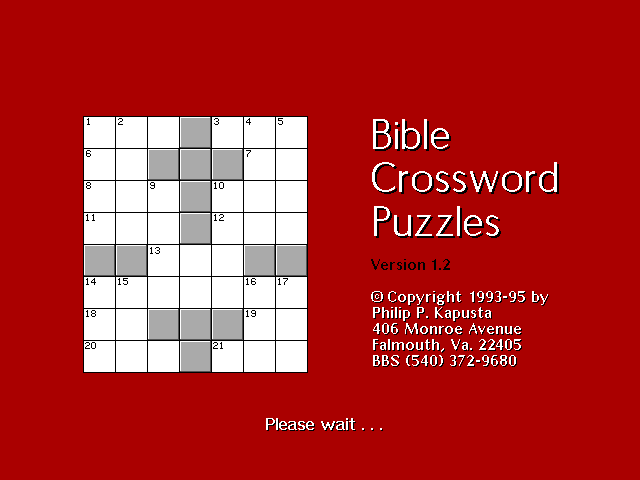 Bible Crossword Puzzles (DOS) screenshot: The game's title screen, this follows the shareware reminder