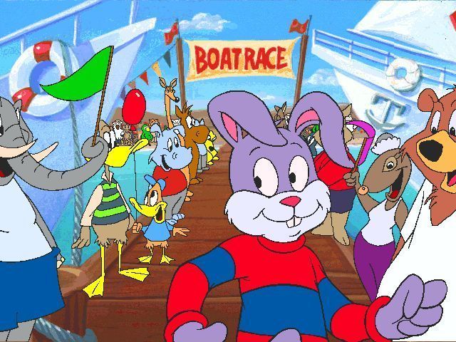 Reader Rabbit Maths Ages 6-9 (Windows) screenshot: There's quite a bit of animation in this game. Here Reade Rabbit is arriving at the boat race to join his friend Sam