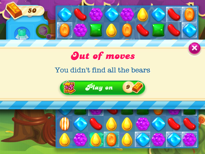 Candy Crush Soda Saga (Browser) screenshot: I ran out of moves but didn't complete the goal.
