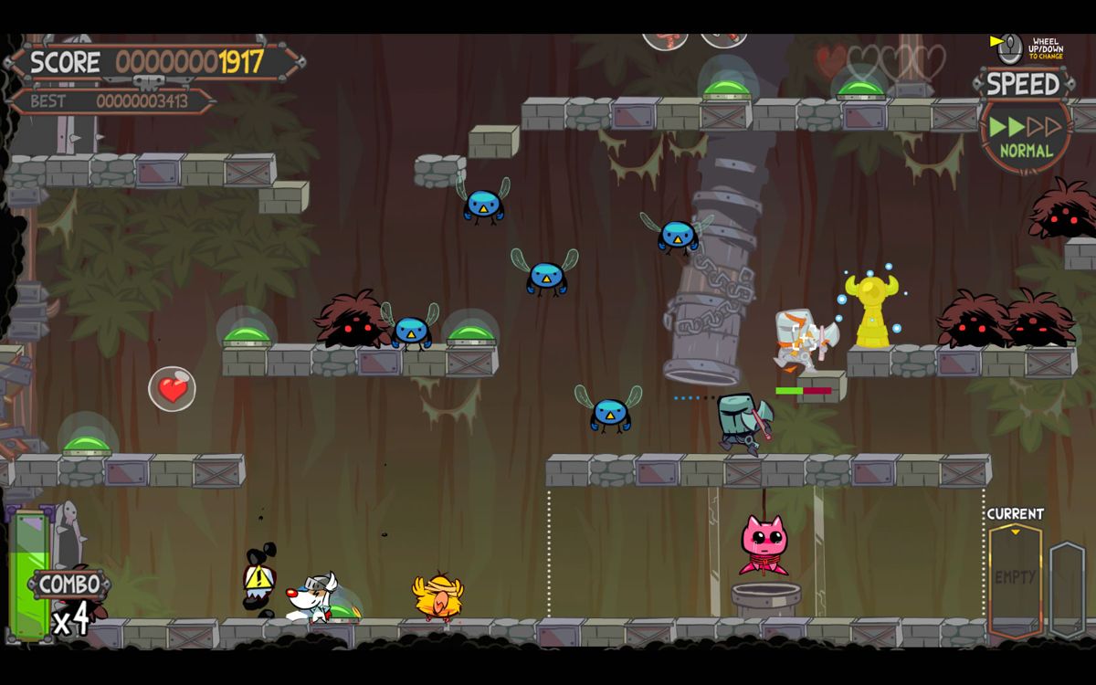 Poöf vs The Cursed Kitty (Windows) screenshot: Lots of nasty flies and the turret on the right can only do so much.