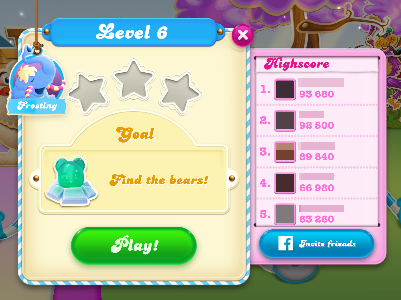Candy Crush Soda Saga (Browser) screenshot: Level 6 has a new goal. (pictures and names blurred for privacy)