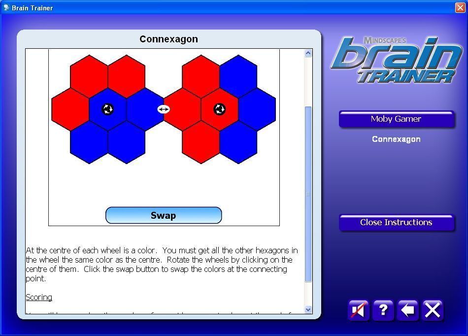 Mindscape's Brain Trainer (Windows) screenshot: The help screen for Connexagon