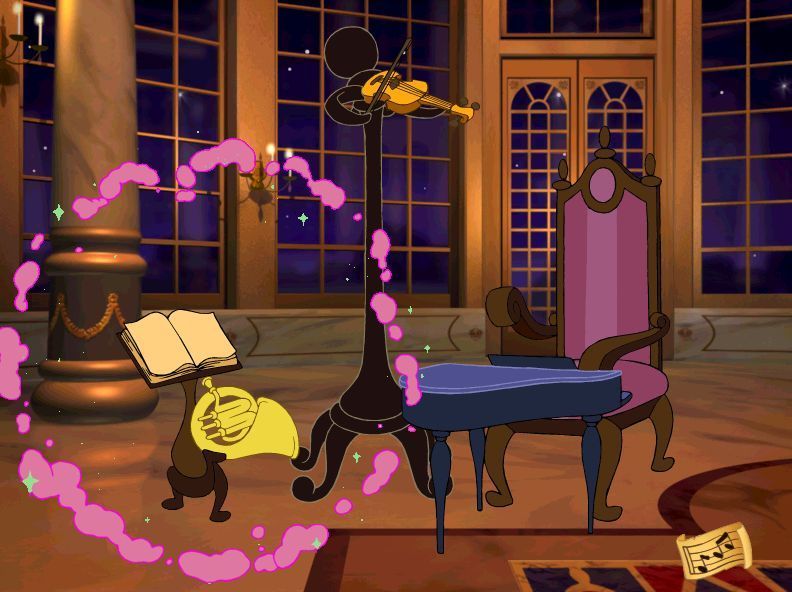 Disney's Beauty and the Beast: Magical Ballroom (Windows) screenshot: In the Ballroom Creating Music. The three pieces of furniture are musicians. Click on one and 'Poof' an instrument appears. Repeat as necessary until three pleasing sounds are heard
