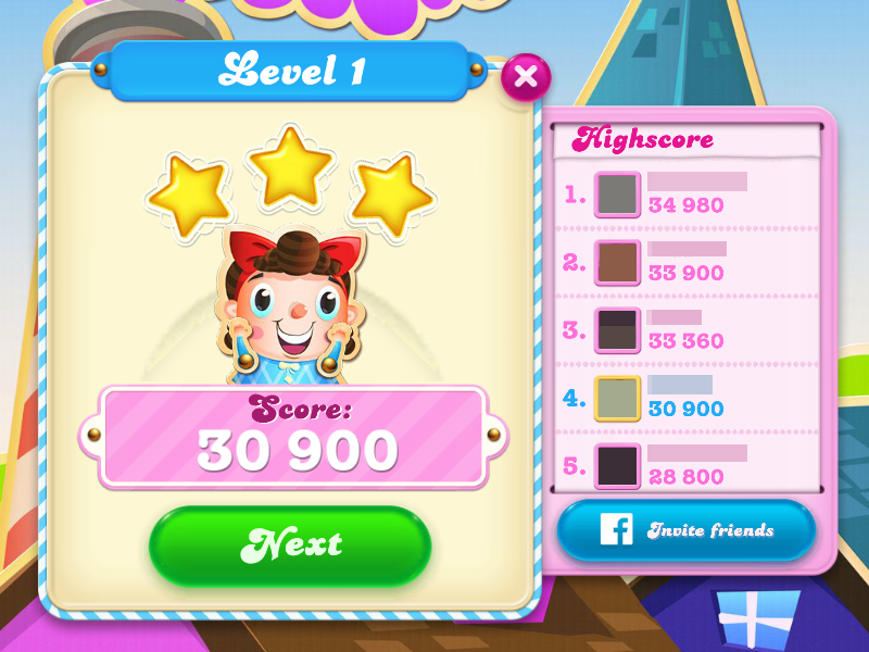 Candy Crush Soda Saga (Browser) screenshot: Level 1's after-level stats (pictures and names blurred for privacy)
