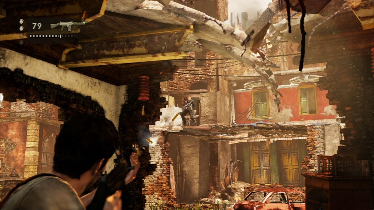 Uncharted 2: Among Thieves (PlayStation 3) screenshot: Taking out the enemy patrolling the city ruins