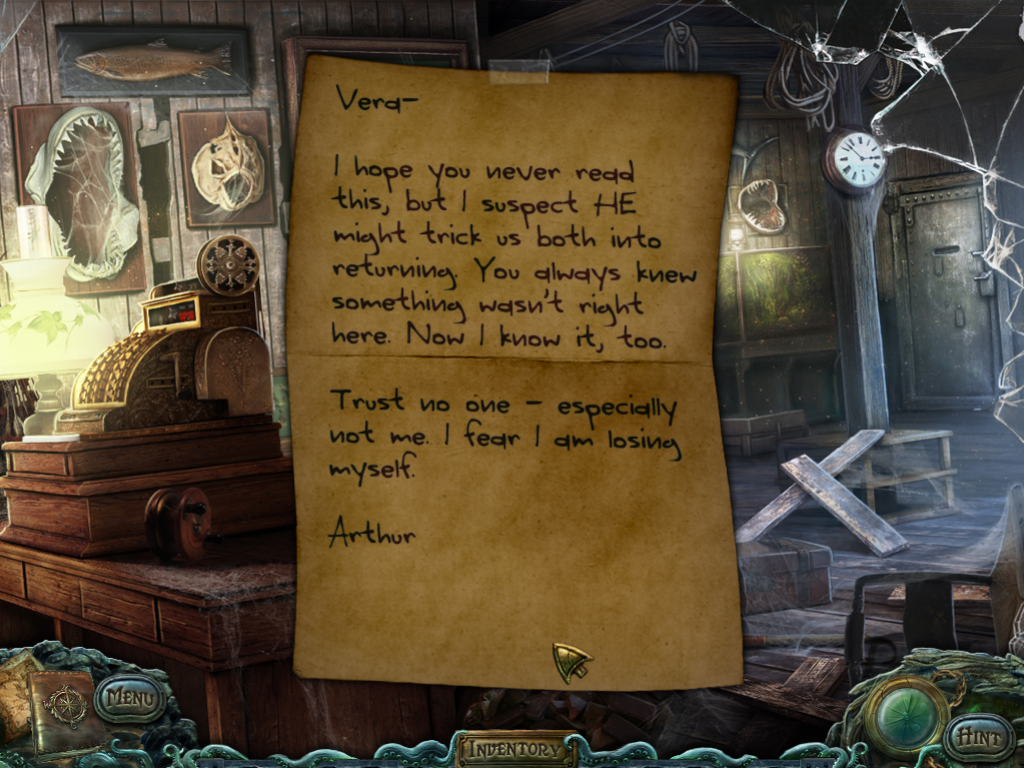 Small Town Terrors: Pilgrim's Hook (Windows) screenshot: A note from Arthur.