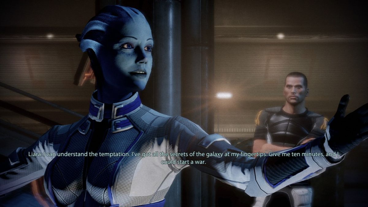 Mass Effect 2 (PlayStation 3) screenshot: Lair of the Shadow Broker - Liara, joking what she could do with the power of a Shadow Broker