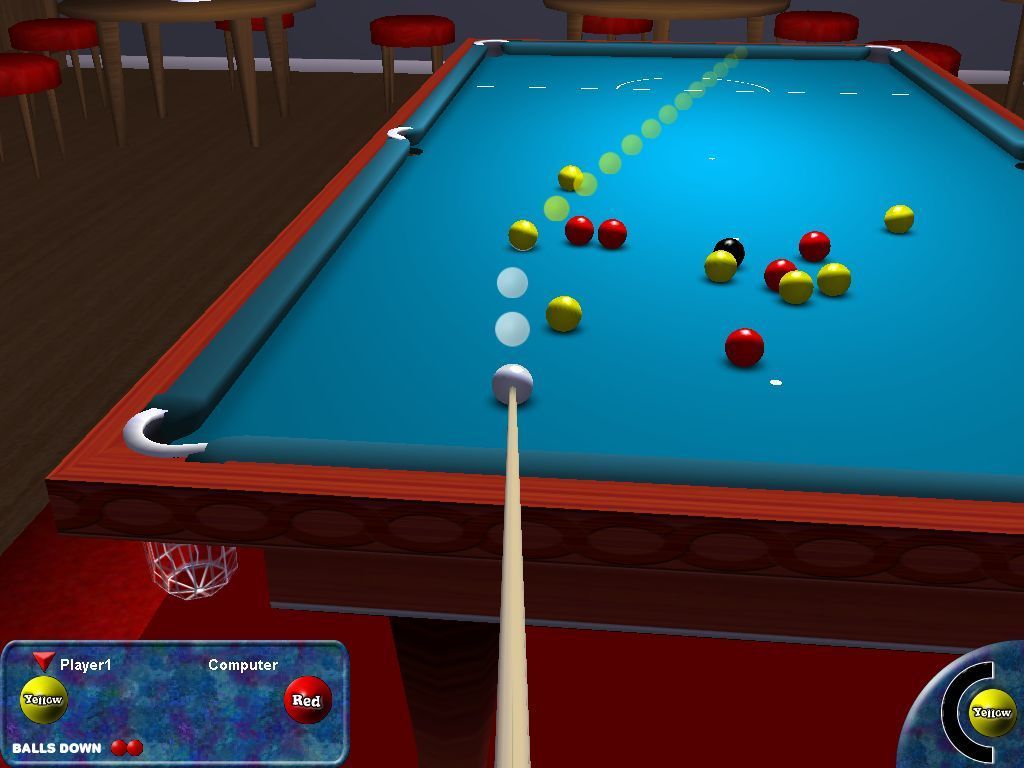 Showcase Pool (Windows) screenshot: Playing in a bar, a very clean bar. The ghost balls on the table are there because the game's autoaim feature is turned on