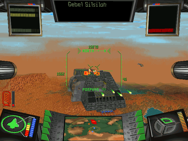 Sandwarriors (DOS) screenshot: Using the cannons to assault a barge's turrets.