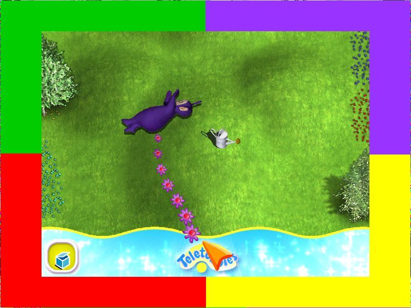 Toybox Games Collection (Windows) screenshot: The Rolling game Very simple. The designated tubbie rolls down the hill. They can be steered left/right by moving the mouse. If they hit an object they stop and look at it