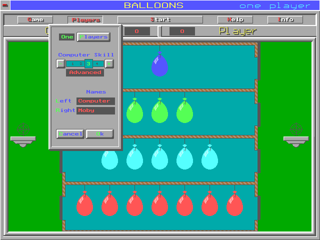 Balloons (DOS) screenshot: The Player configuration options. Clicking on the Players button changes the game from "Player vs CPU" to "Player vs Player"