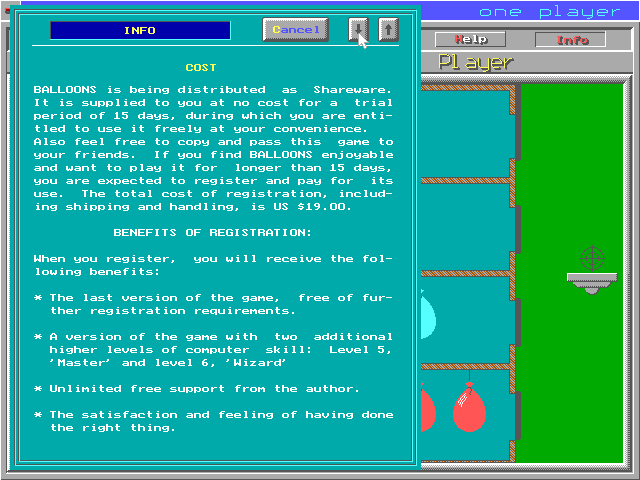 Balloons (DOS) screenshot: One of the game's information screens describing the additional levels in the registered version