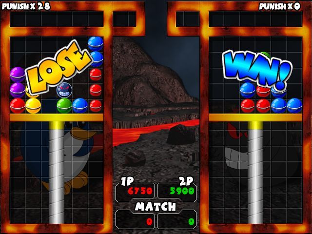 Drop and Blow (Windows) screenshot: The player just lost a Championship match. Though they have the higher score they ran out of space so it's Game Over.