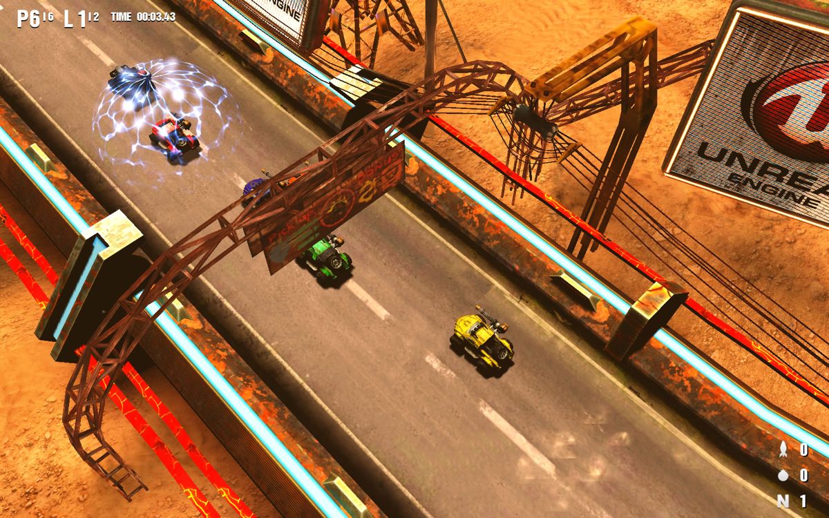 Speed Kills (Windows) screenshot: I am at the back of the pack and someone in front is using the invulnerability power-up.