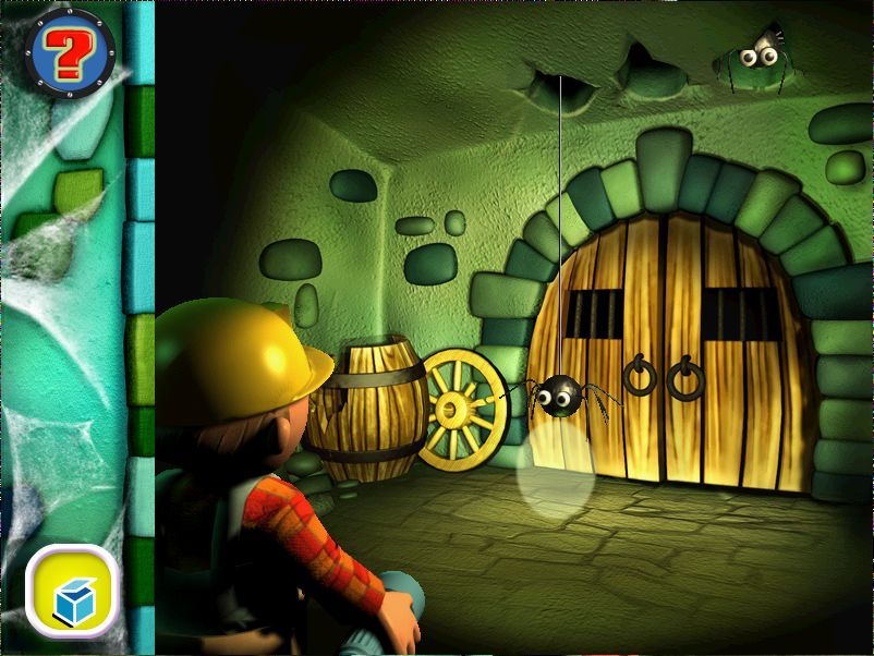 Toybox Games Collection (Windows) screenshot: Spotting Spiders Bob the Builder must use his flashlight to scare the spiders back into their holes so he can pass through the door