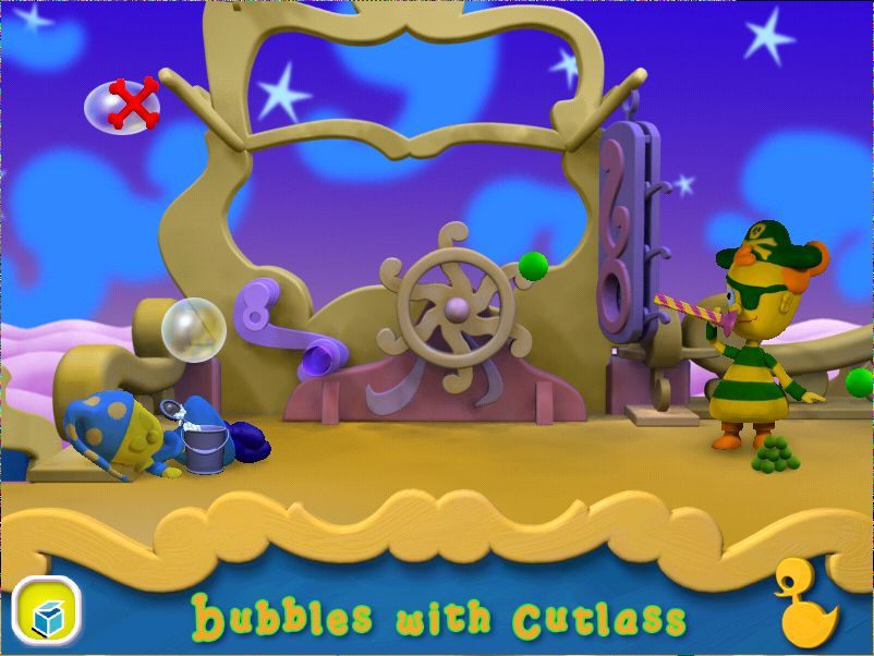 Toybox Games Collection (Windows) screenshot: Bubbles with Cutlass Surprise! Surprise! This is a shooter, a mild and non aggressive one but a shooter nevertheless Aim the peashooter to burst the bubbles.
