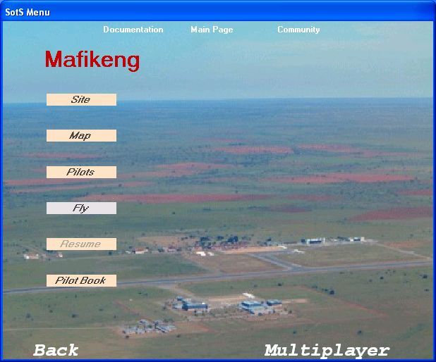 Sailors of the Sky (Windows) screenshot: The 'Quick Fly' option menu. The default site is Mafikeng in South Africa