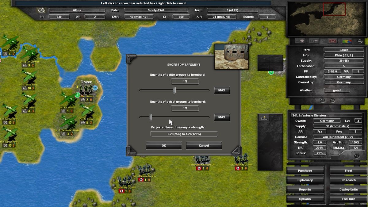 WW2: Time of Wrath (Windows) screenshot: Bombardment options