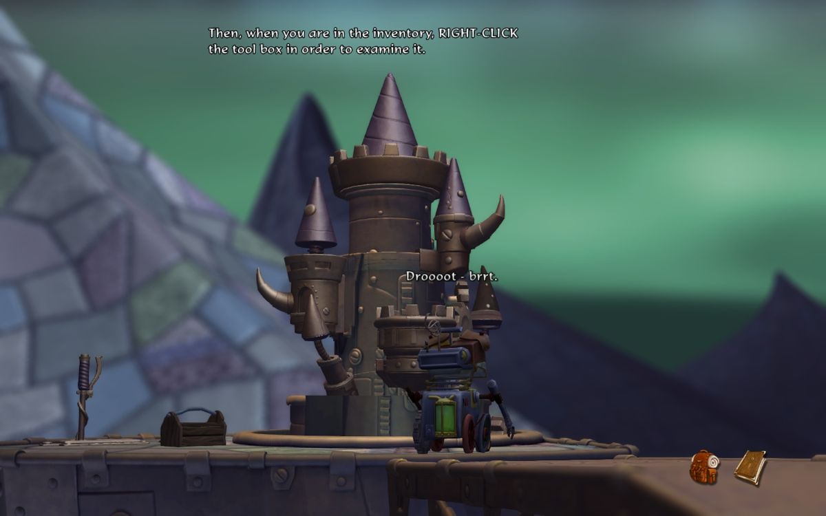 The Book of Unwritten Tales 2 (Windows) screenshot: Learning the game controls, playing with the robot