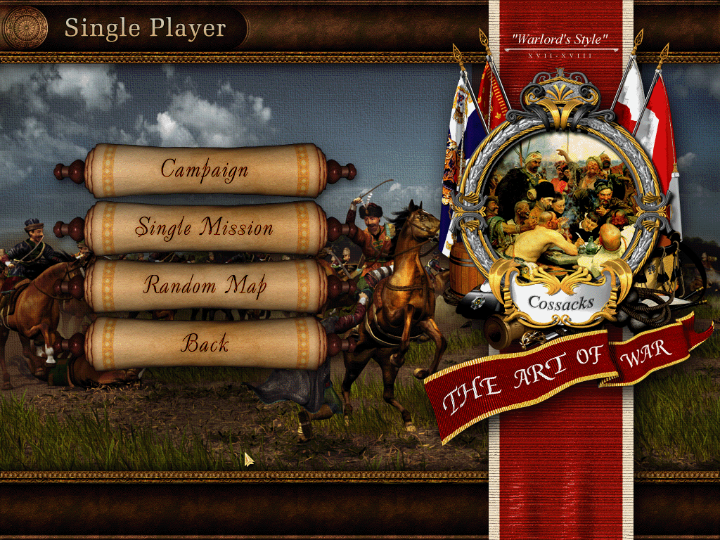 Cossacks: The Art of War (Windows) screenshot: Single player menu offers you campaigns, single missions, and/or skirmish battles