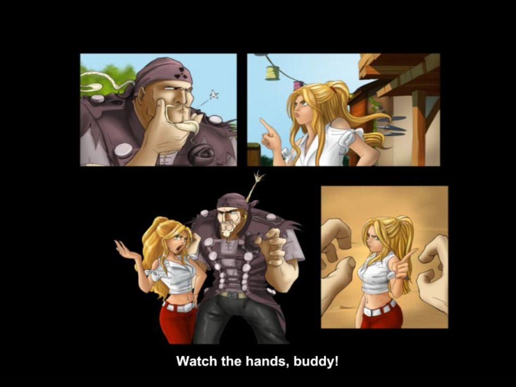 So Blonde (Windows) screenshot: Sunny is not afraid of big pirates... more to the fact she still thinks it's a themed resort