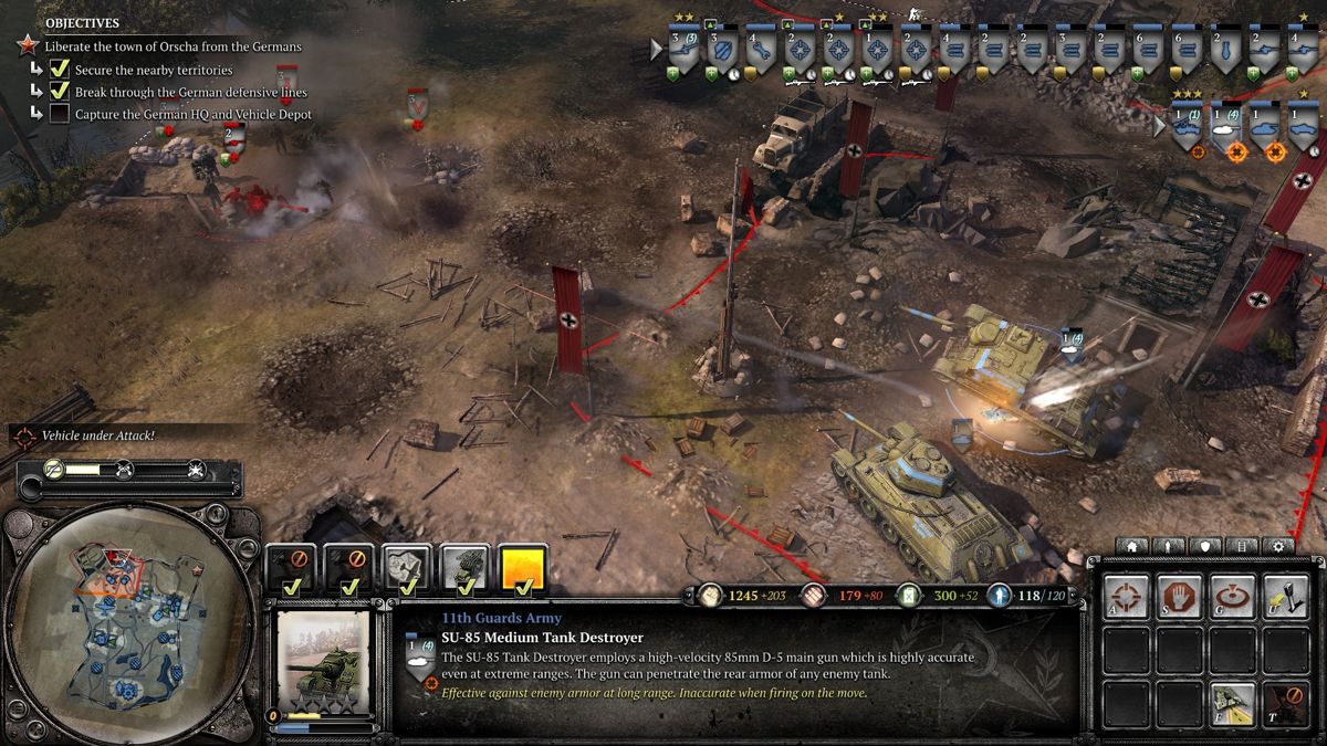 Company of Heroes 2 (Windows) screenshot: Our tanks are being attacked by an anti-tank emplacement