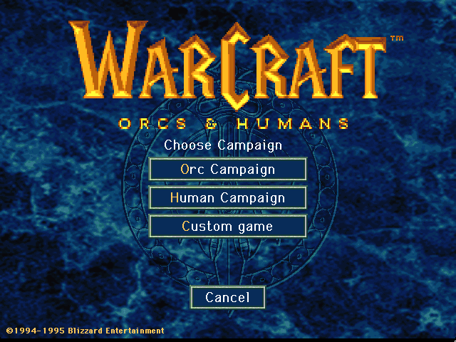 WarCraft: Orcs & Humans (Macintosh) screenshot: Main menu - campaign selection